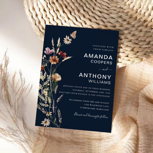 Navy Blue Tiny Wildflower Wedding Ceremony Invitation (Creator Uploaded)