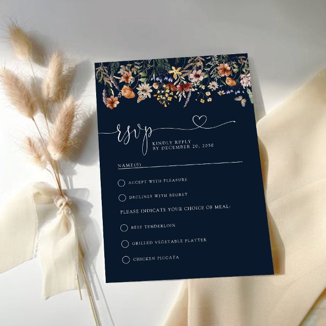 Navy Blue Tiny Wildflower Wedding RSVP Card (Creator Uploaded)