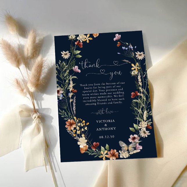 Navy Blue Tiny Wildflower Wedding Thank You Cards (Creator Uploaded)