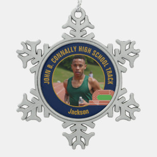 Navy Blue Track & Field Photo High School Runner Snowflake Pewter Christmas Ornament
