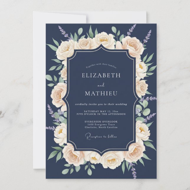Navy Blue Traditional Botanical Wedding Invitation (Front)