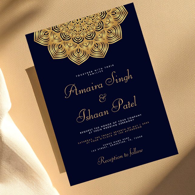 Navy Blue Traditional Gold Mandala Indian Wedding Invitation (Creator Uploaded)