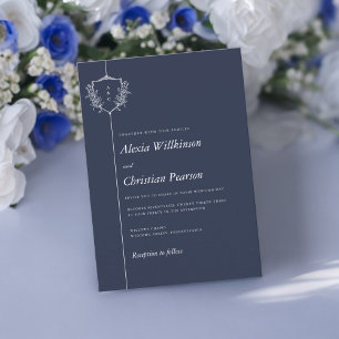 Navy Blue traditional white crest wedding Invitation
