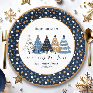 Navy Blue Trees Dots Modern Christmas Holiday Paper Plate