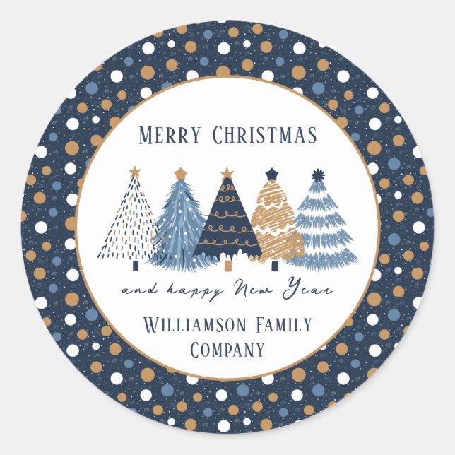 Navy Blue Trees Dots Modern Name Christmas Holiday Classic Round Sticker (Front)