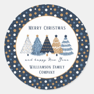 Navy Blue Trees Dots Modern Name Christmas Holiday Classic Round Sticker
