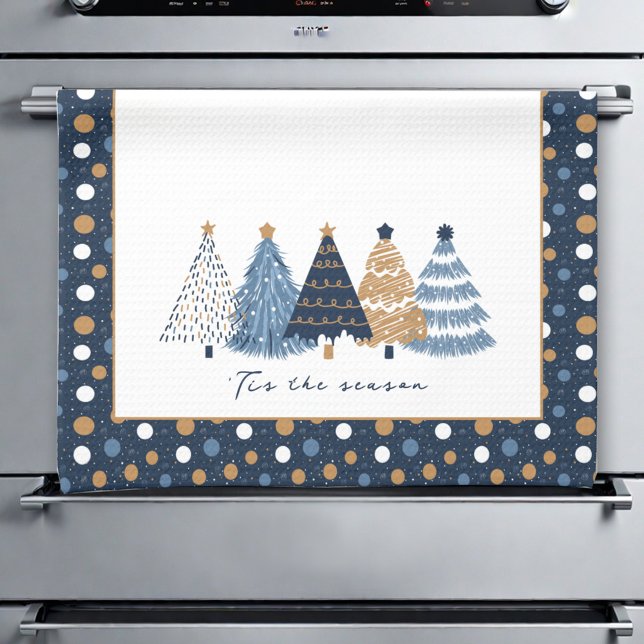 Navy Blue Trees Modern Dots Christmas Name Tea Towel (Navy Blue Trees Modern Dots Christmas Name Kitchen Towel)