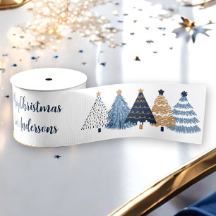Navy Blue Trees Modern Simple Christmas Name Grosgrain Ribbon