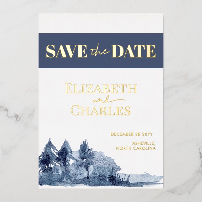 Navy Blue Trees Mountain Winter Save The Date (Front)