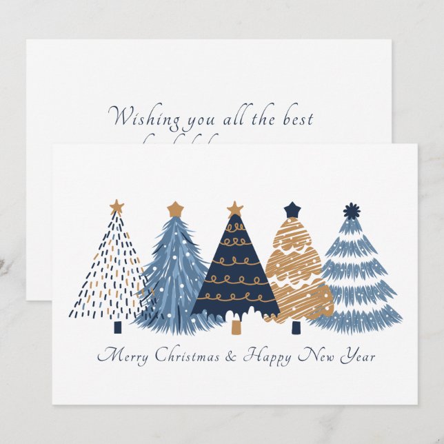 Navy Blue Trees White Christmas New Year Card (Front/Back)