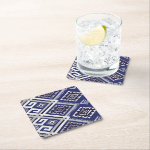 Navy Blue Tribal Motif Surface Pattern Square Paper Coaster