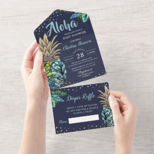 Navy Blue Tropical Beach Pineapple Baby Shower All In One Invitation