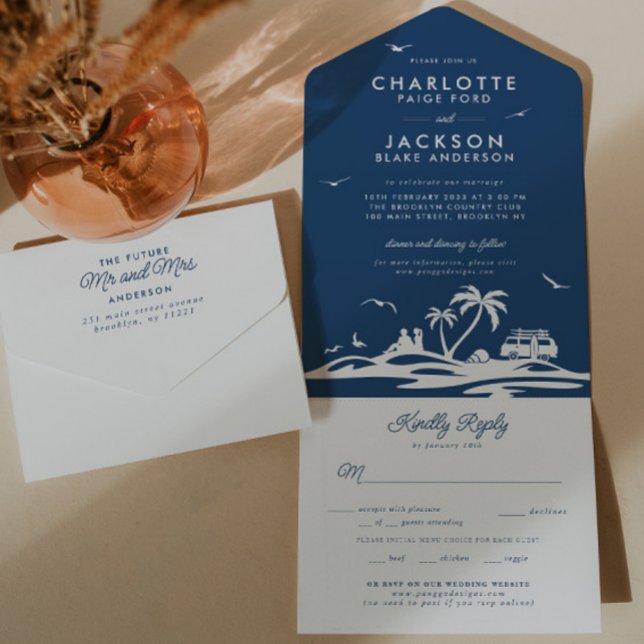Navy Blue Tropical Beach Seaside Boho RSVP Wedding All In One Invitation (Creator Uploaded)
