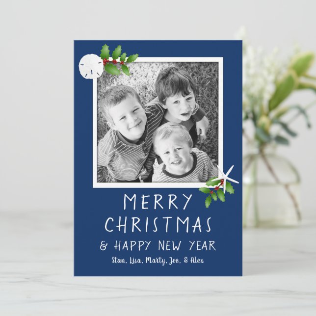 Navy Blue Tropical Christmas Photo Cards (Standing Front)