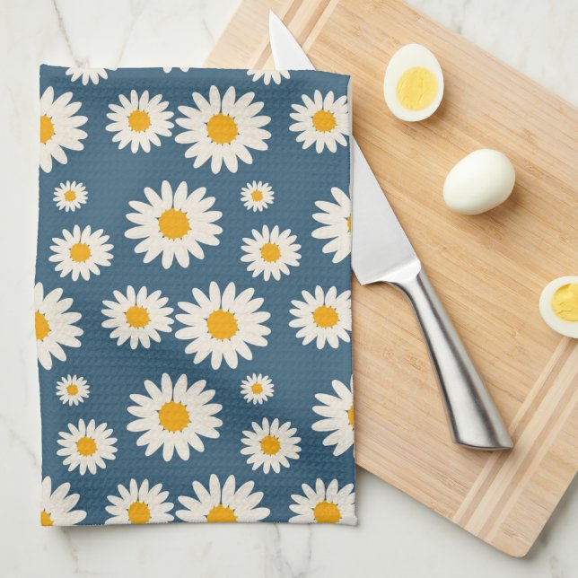 Navy Blue Tropical Floral Botanical Spring Summer Tea Towel (Quarter Fold)