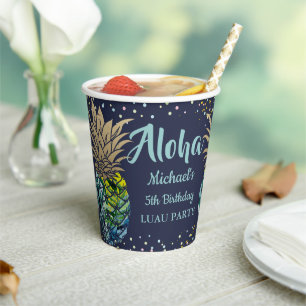 Navy Blue Tropical Luau Pineapple Beach Birthday Paper Cups