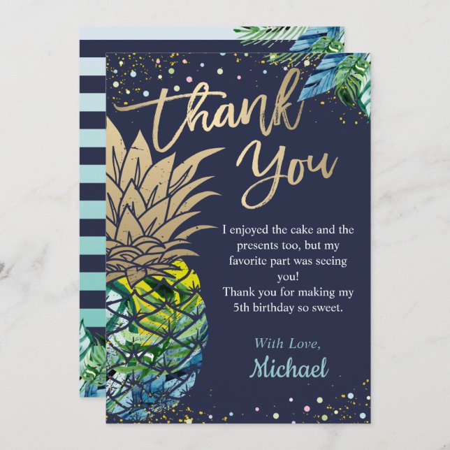 Navy Blue Tropical Luau Pineapple Beach Party Thank You Card (Front/Back)