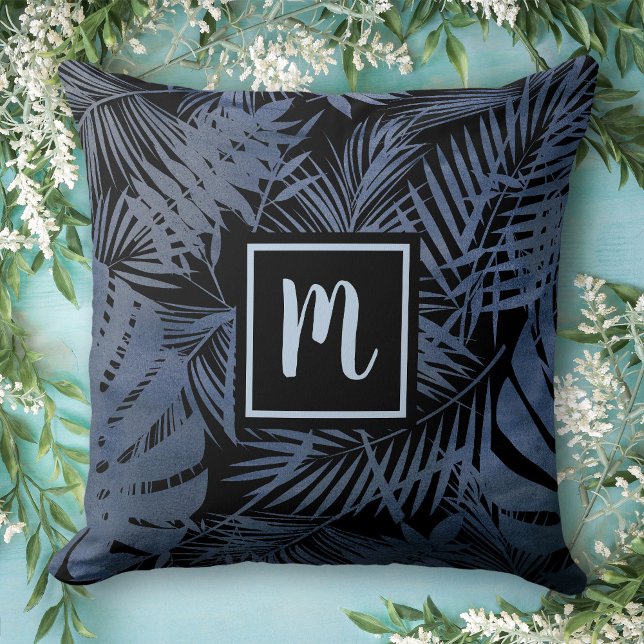 Navy blue tropical palm leaf, chic modern monogram cushion (Choose from 6 colors!)