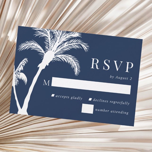 Navy Blue Tropical Palm Tree Beach Wedding RSVP Card (Creator Uploaded)