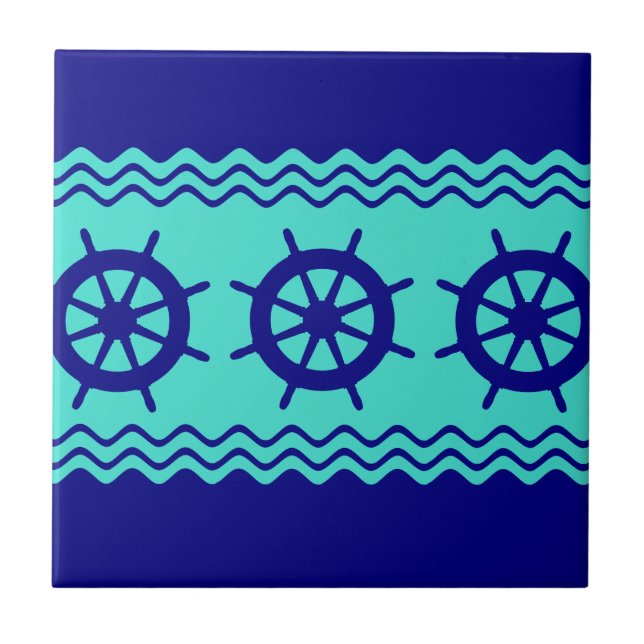 Navy Blue Turquoise Helm Stripe Ceramic Tile (Front)
