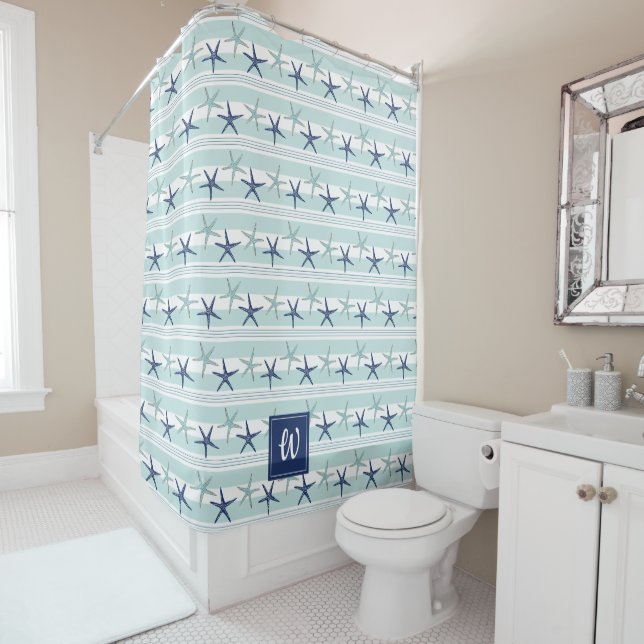 Navy Blue Turquoise Star Fish Striped Monogrammed  Shower Curtain (In Situ)