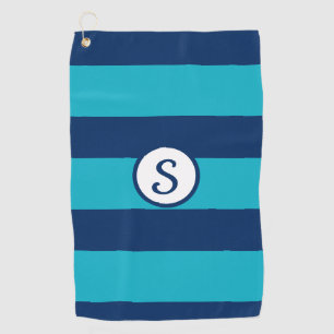 Navy Blue Turquoise Striped Classic Monogram Golf Towel