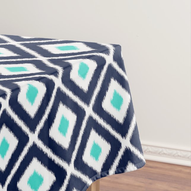 Navy Blue, Turquoise, White Ikat Diamond Tablecloth (In Situ)