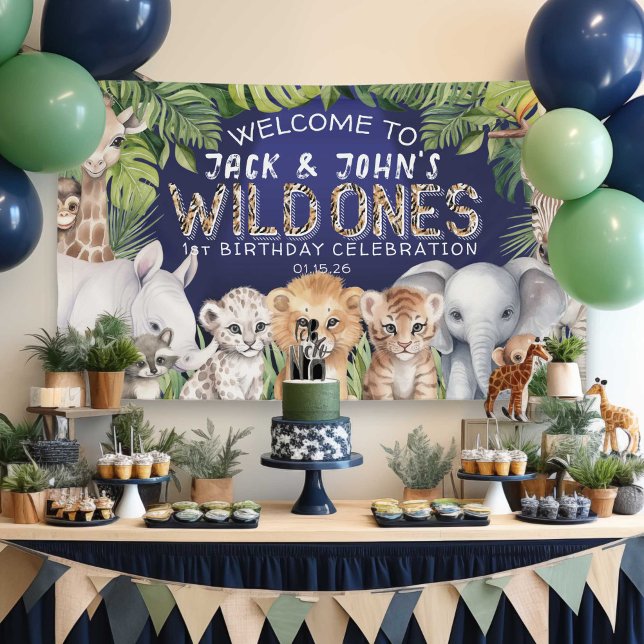 Navy Blue twins jungle animals 1st birthday welcom Banner (Twins wild one, navy blue jungle safari 1st birthday welcome backdrop, Baby boy first birthday.)