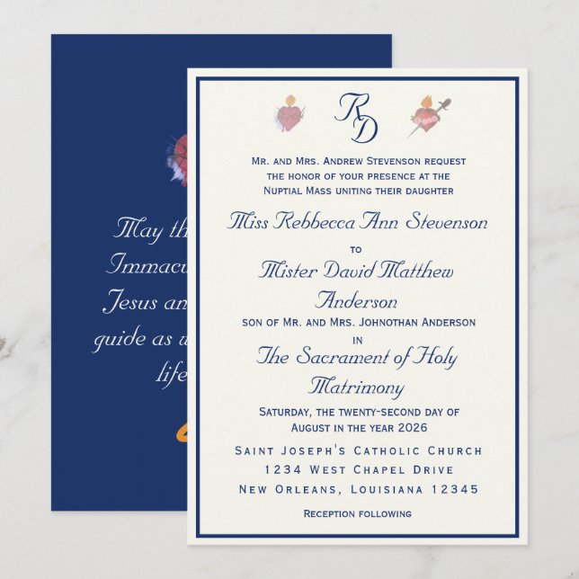 Navy-Blue Two Hearts Catholic Wedding Invitation (Front/Back)