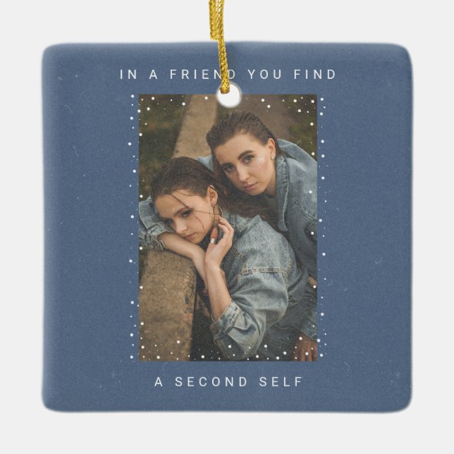 Navy Blue Two Photo Snowfall Best Friends Photo Ceramic Ornament (Front)
