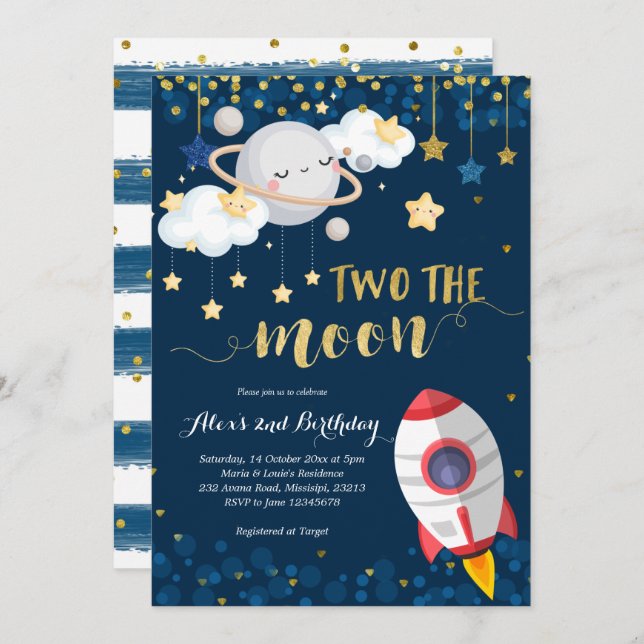 Navy Blue Two the Moon Boy Birthday Invitation (Front/Back)