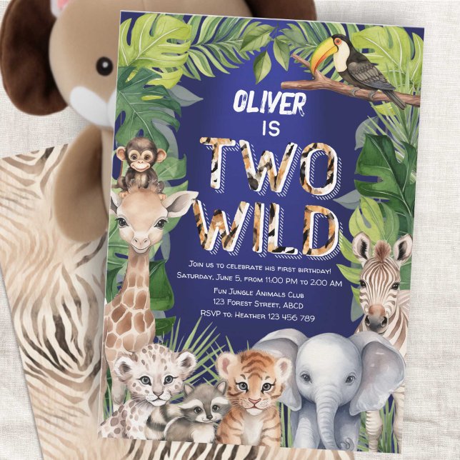 Navy Blue Two Wild Jungle Safari 2nd birthday Invitation (Navy Blue Two Wild Boy 2nd Birthday Invitation, Safari Themed Jungle animals birthday invite.)