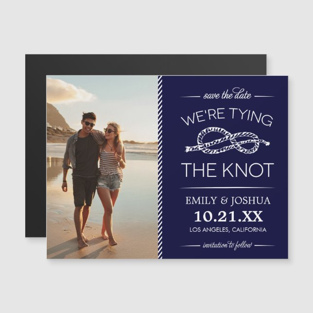 Navy Blue Tying the Knot Photo Save the Date Magnetic Invitation (Front/Back)