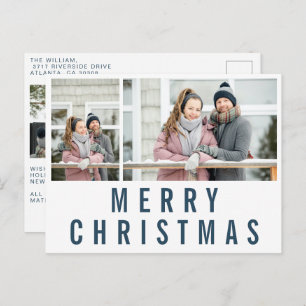 Navy Blue Typography Merry Christmas Photo Collage Postcard