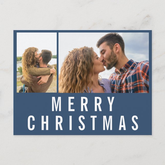 Navy Blue Typography Merry Christmas Photo Postcard (Front)