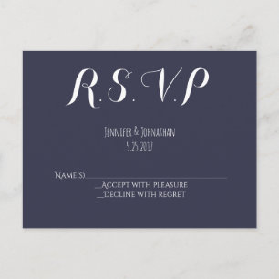 Navy blue typography wedding RSVP postcards