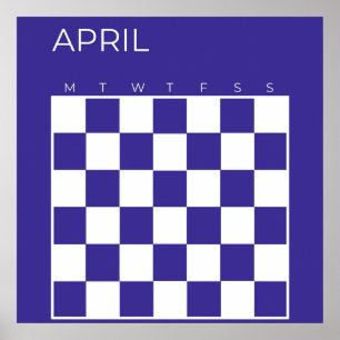 Navy Blue Undated Chequered April Monthly Calendar Poster