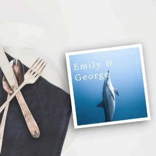 Navy Blue Under The Sea Dolphin Coastal Wedding Napkin