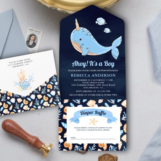 Navy Blue Under the Sea Narwhal Baby Shower All In One Invitation (Creator Uploaded)