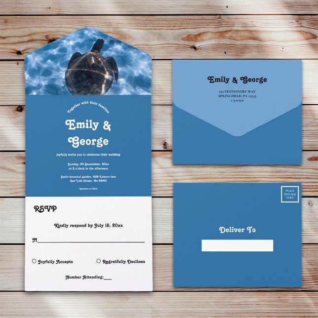 Navy Blue Underwater Aquatic Turtle Beach Wedding All In One Invitation (Creator Uploaded)