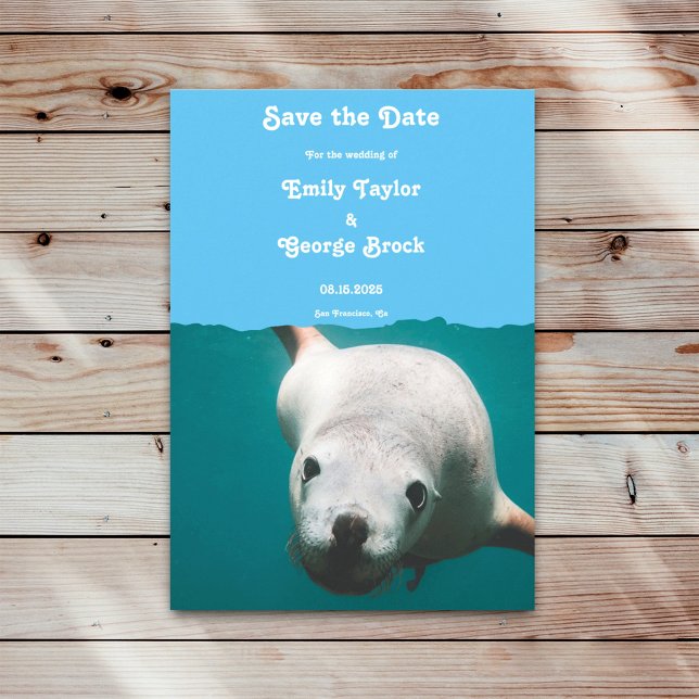 Navy Blue Underwater Sea Lion Aqua Coastal Wedding Save The Date (Creator Uploaded)