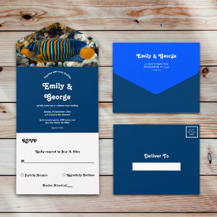 Navy Blue Underwater Summer Beach Coastal Wedding All In One Invitation