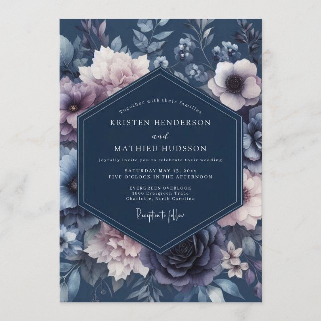 Navy Blue Velvety Botanical Wedding Invitation (Front)