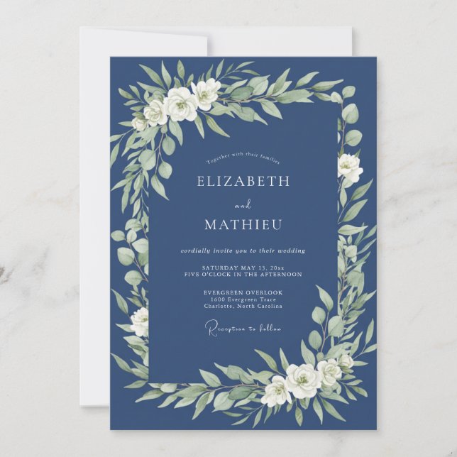 Navy Blue Verdant Bloom Wedding Invitation (Front)