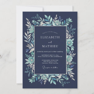 Navy Blue Verdant Floral Wedding Invitation