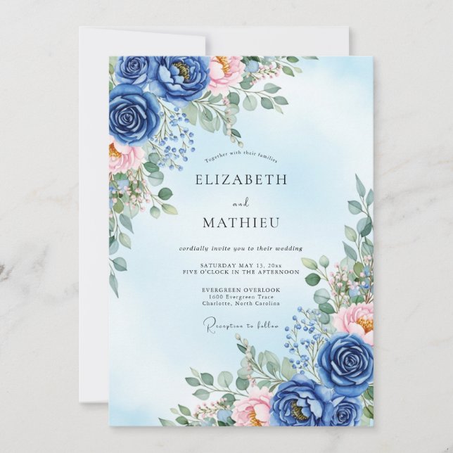 Navy Blue Verdant Spring Wedding Invitation (Front)