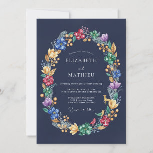 Navy Blue Vibrant Floral Wedding Invitation