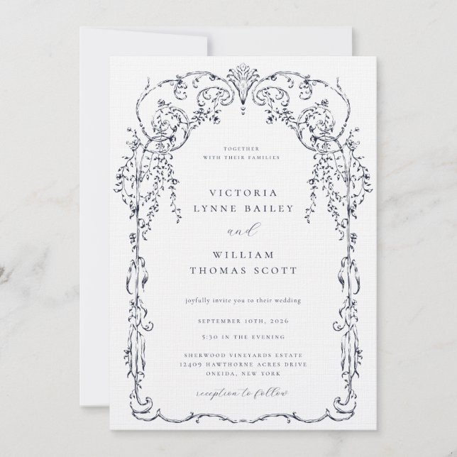 Navy Blue Victorian Frame Wedding Invitation (Front)