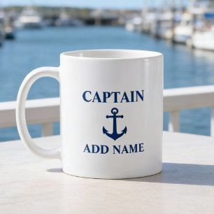 Navy Blue Vintage Anchor Captain Add Boat Name Coffee Mug