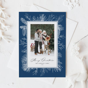 Navy Blue Vintage Botanical Frame Merry Christmas Holiday Card